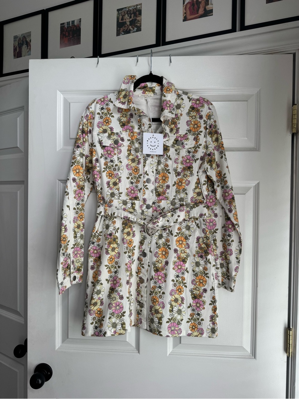 Floral Belted Mini Dress - White with Pink & Orange Flowers